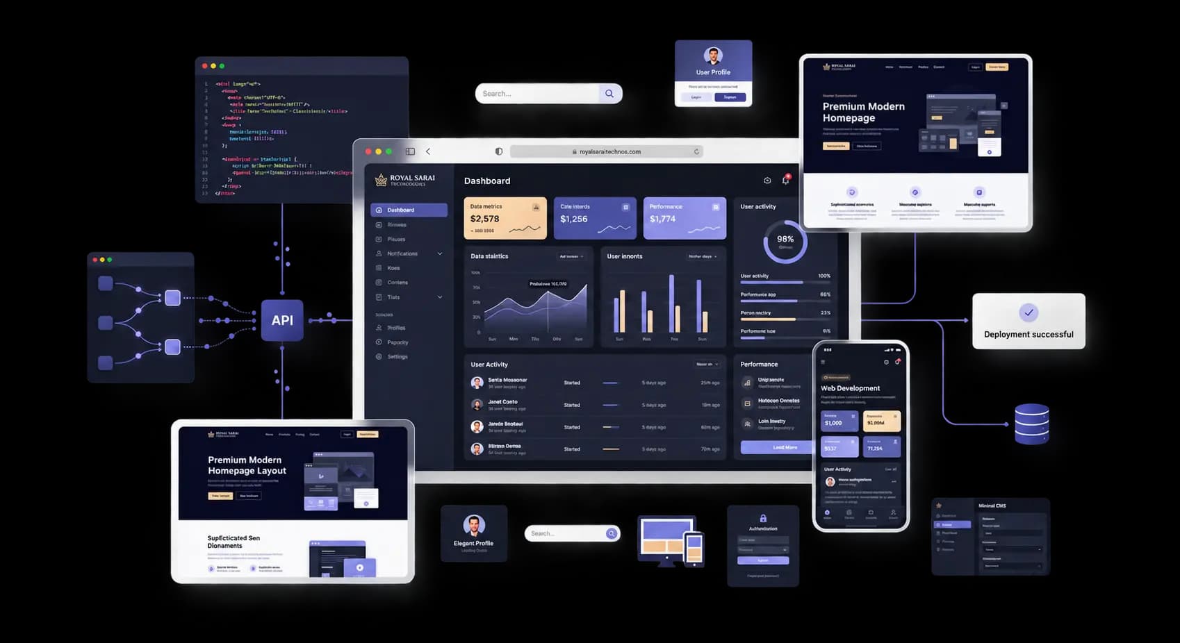 A Royal Sarai Technologies web platform shown across desktop, tablet and mobile, with deployment status, analytics and technology stack panels
